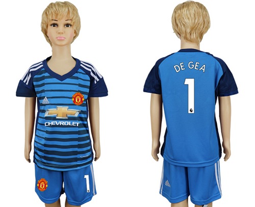 Manchester United #1 De Gea Blue Kid Soccer Club Jersey - Click Image to Close
